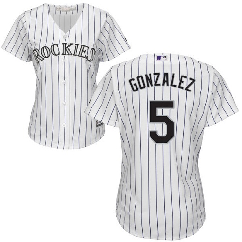 Rockies #5 Carlos Gonzalez White Strip Home Women's Stitched MLB Jersey - Click Image to Close
